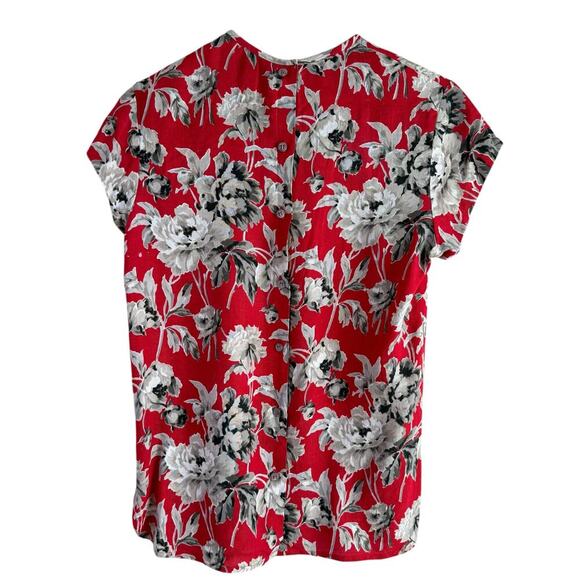 Vintage 80s Attaché Herman Geist Linen Red Floral Blouse Button Back Crewneck, 8 - Picture 7 of 10